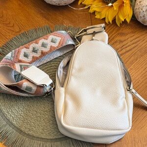 Anthropologie Cream Crossbody Bag with Patterned Strap
